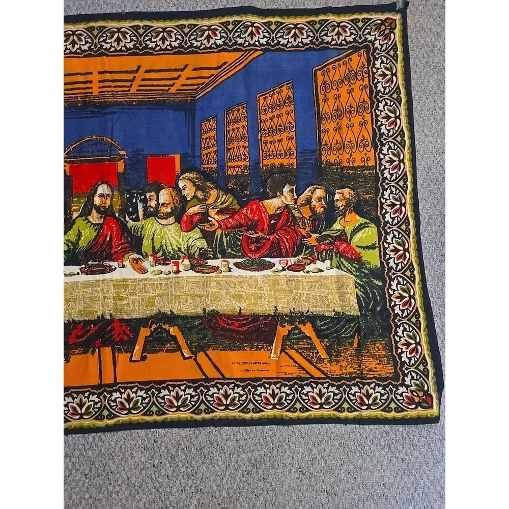 Vintage Tapestry Fabric Wall Hanging Sacred Heart Jesus Last Supper
